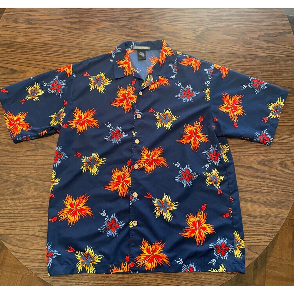Street‎ Culture Men's Size Large Navy Blue Hawaiian / Star Burst Shirt Button